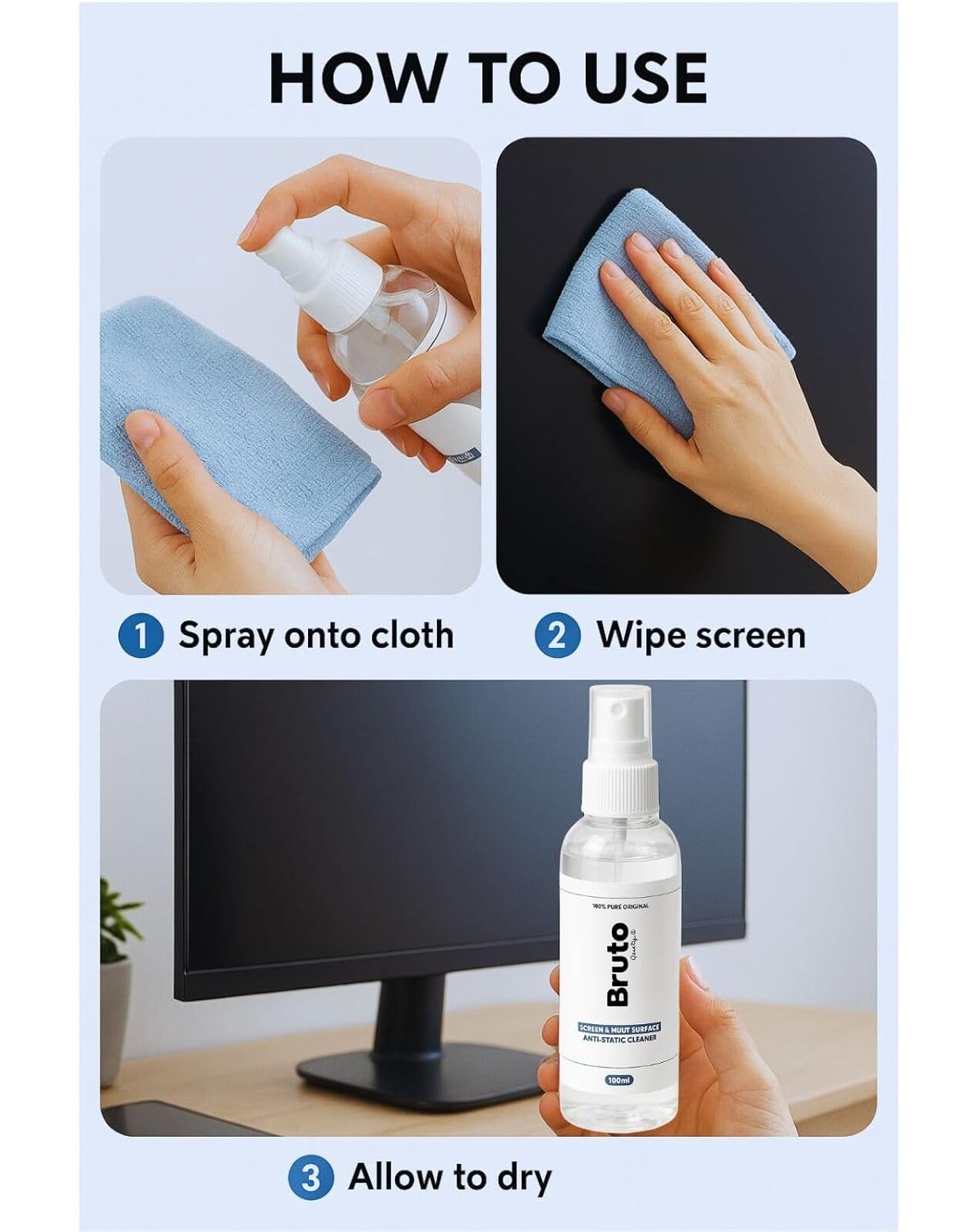 Bruto Premium Screen and Multi Surface Anti-Static Cleaner Spray for Laptop, Mobile, TV, and Electronics - 100ml
