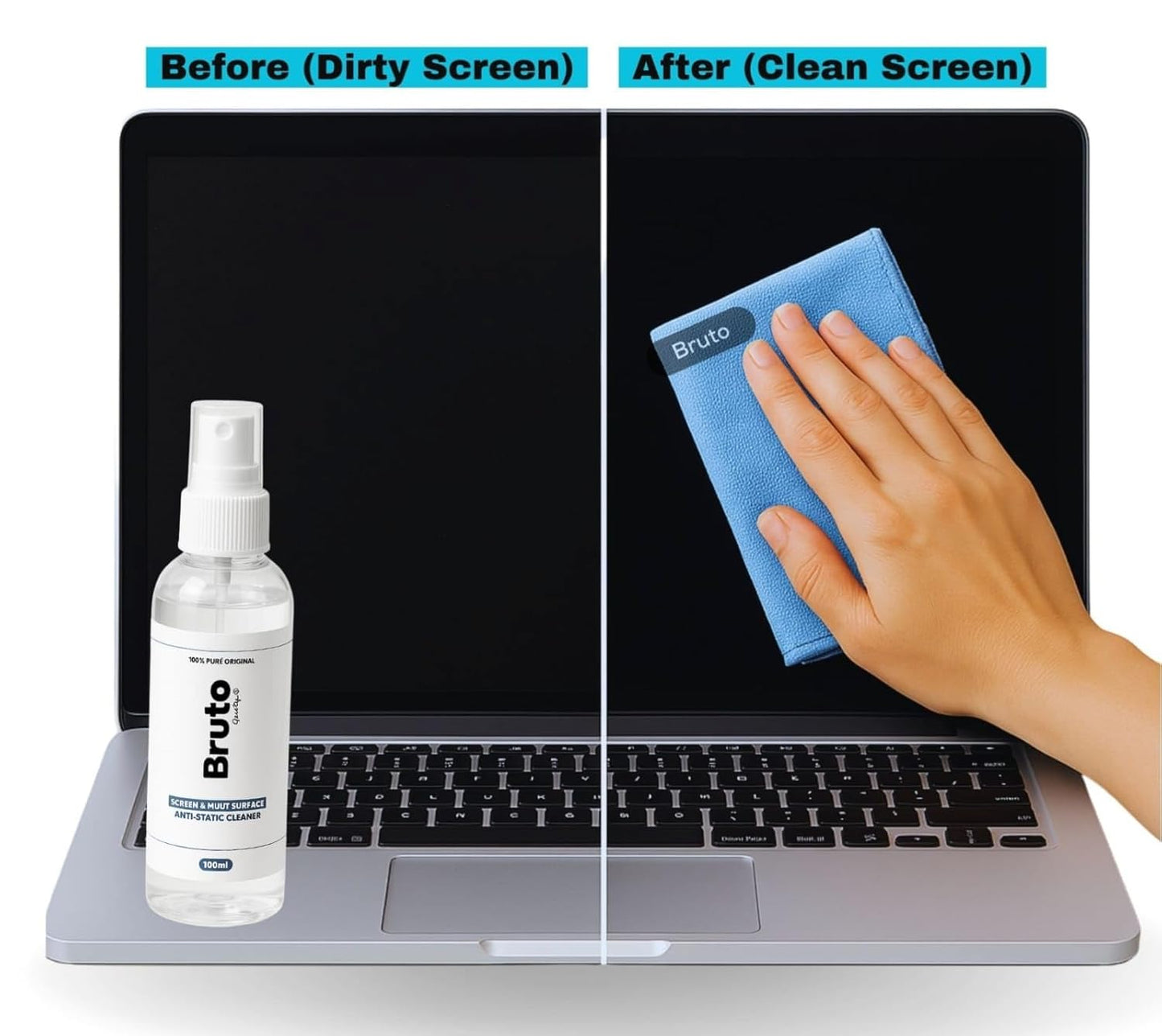 Bruto Screen & Multi-Surface Anti-Static Cleaner Spray with Microfiber Cloth – 100ml | Streak-Free Cleaning for Laptop, TV, Mobile, Monitor, Camera Lens & More