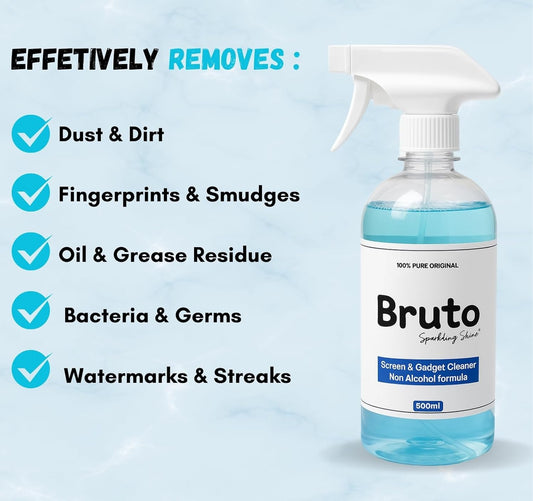 Bruto TV & Laptop Screen Cleaner Spray with Microfiber Cloth | New Non-Alcohol Formula, Anti-Static, Safe for All Screens | 500ml Cleaning Spray for LED, TV, PC, Camera Lens, Mobile & Laptop & More