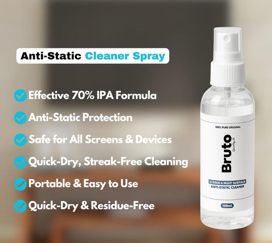 Bruto Screen & Multi-Surface Anti-Static Cleaner Spray with Microfiber Cloth – 100ml | Streak-Free Cleaning for Laptop, TV, Mobile, Monitor, Camera Lens & More