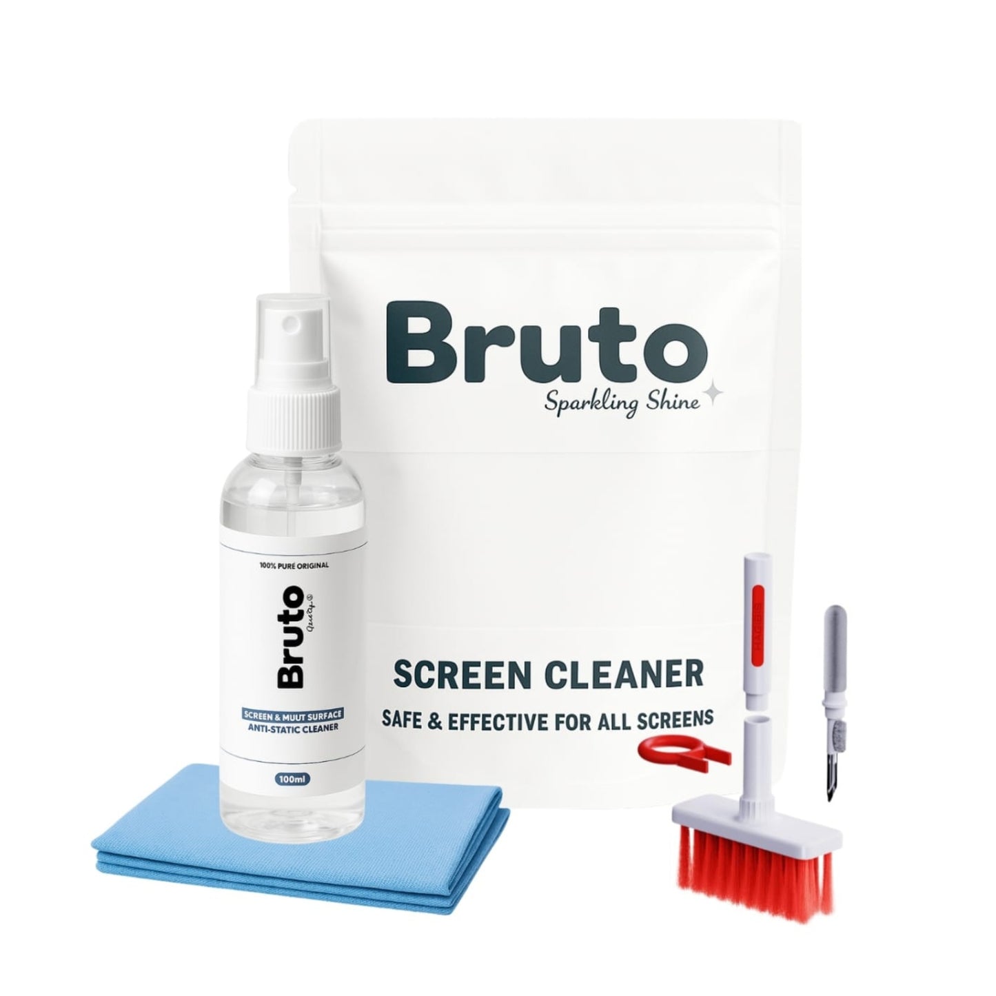 Bruto Screen Cleaner Kit Designed for All Smartphones Made with 70% IPA Includes 100ml Screen Cleaner,5-in-1 Multi-Function Cleaning Tool with Microfibre Cloth for Electronics