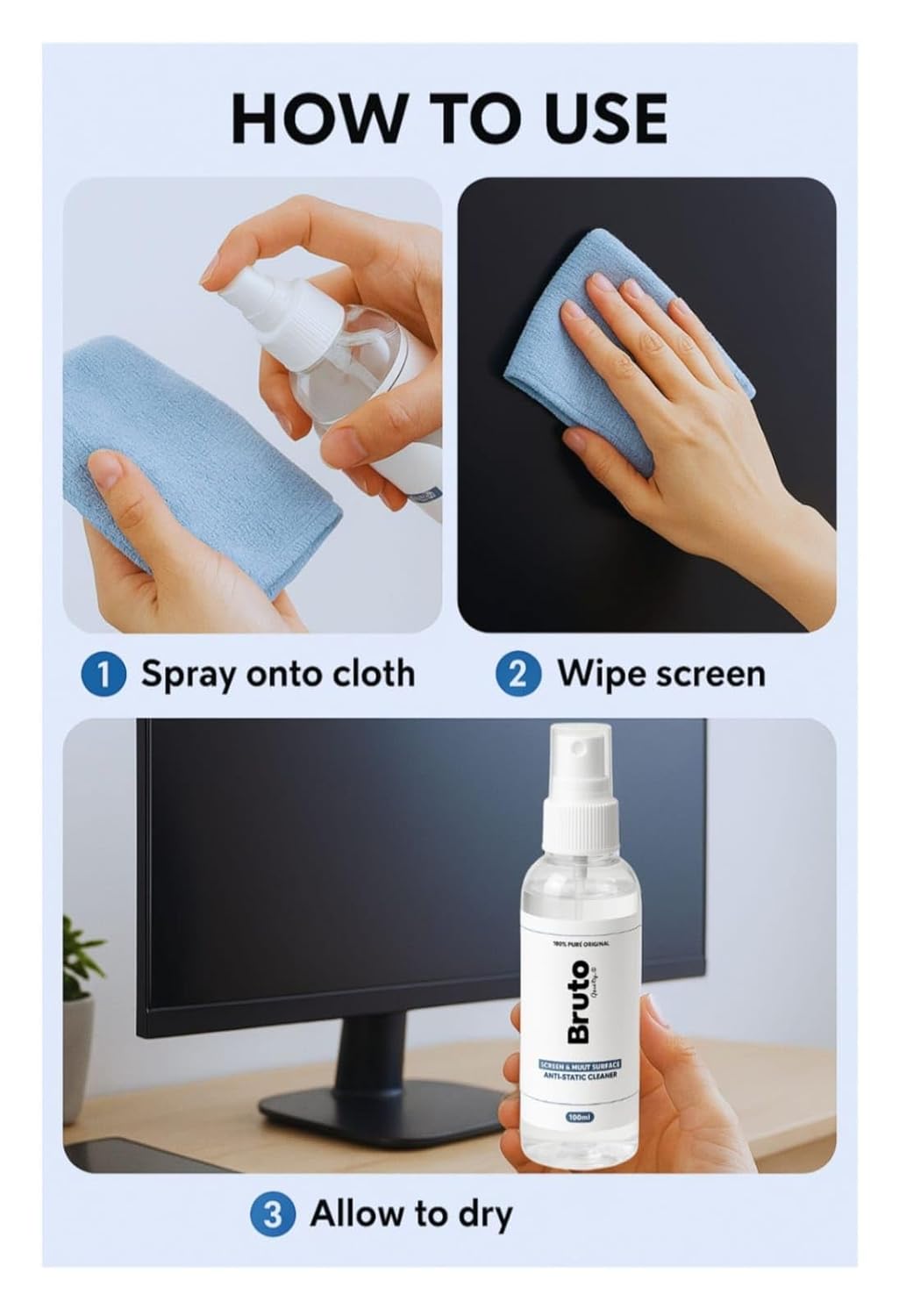Bruto Screen & Multi-Surface Anti-Static Cleaner Spray with Microfiber Cloth – 100ml | Streak-Free Cleaning for Laptop, TV, Mobile, Monitor, Camera Lens & More