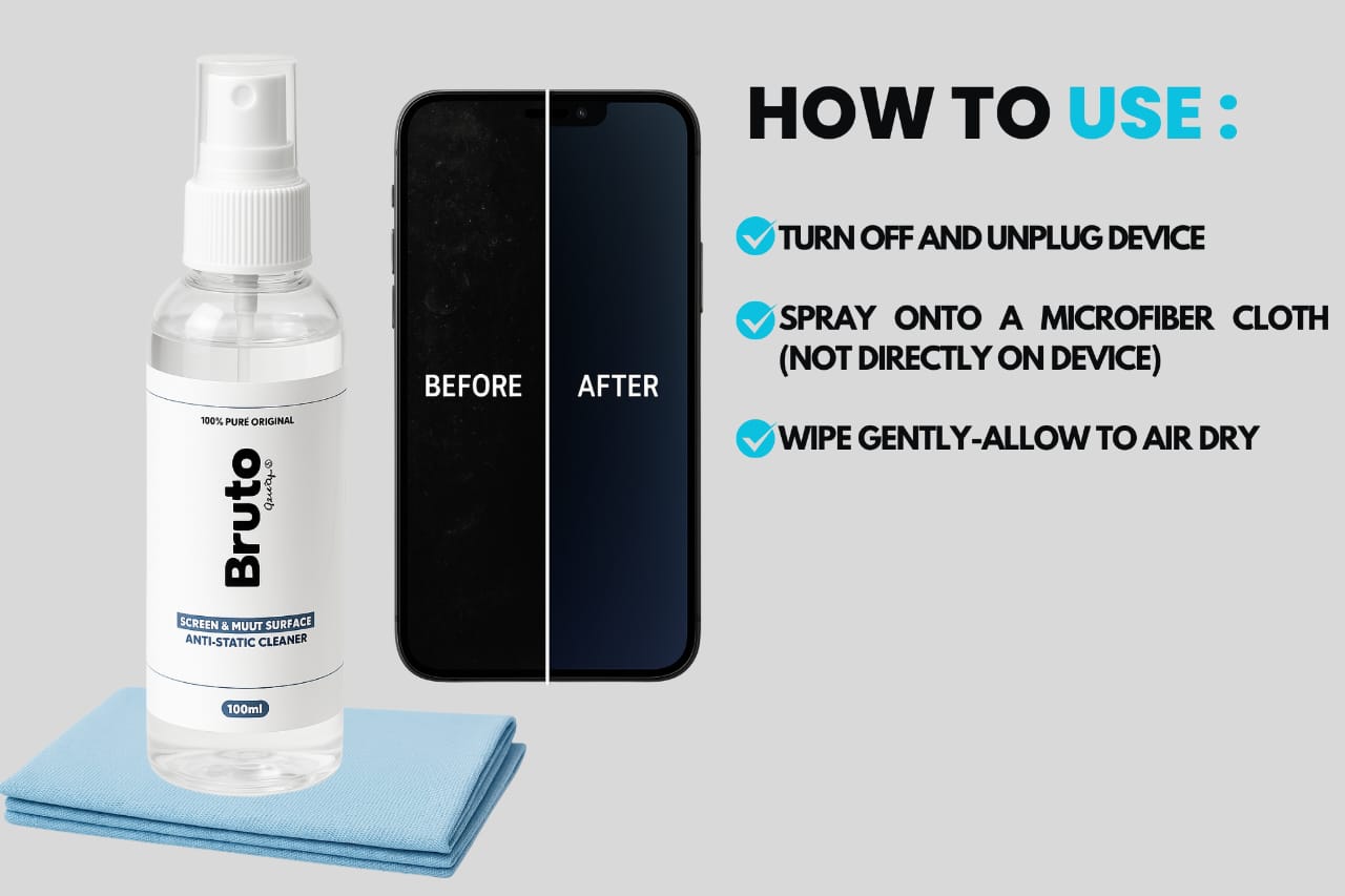 Bruto Screen Cleaner Kit Designed for All Smartphones Made with 70% IPA Includes 100ml Screen Cleaner,5-in-1 Multi-Function Cleaning Tool with Microfibre Cloth for Electronics
